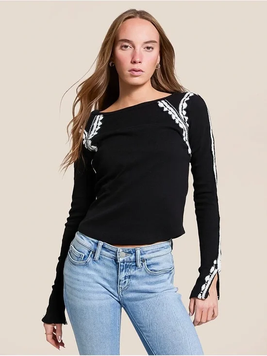 Free People Lost Love Black Embroidered Long Sleeve Top Boho Western S NWT - Picture 1 of 6